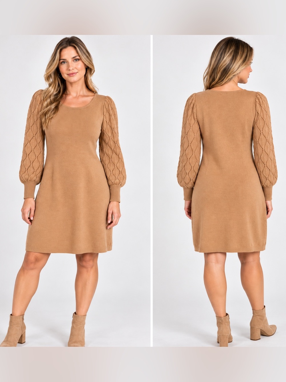 Taylor Womens XL Camel Tan Knit Sweater Dress Pointelle Puff Sleeve